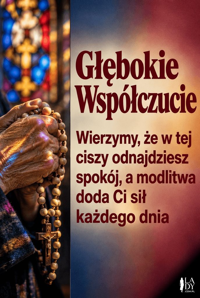 Kartka kondolencyjna z dłońmi trzymającymi różaniec na tle witraża, z napisem "Głębokie Współczucie"