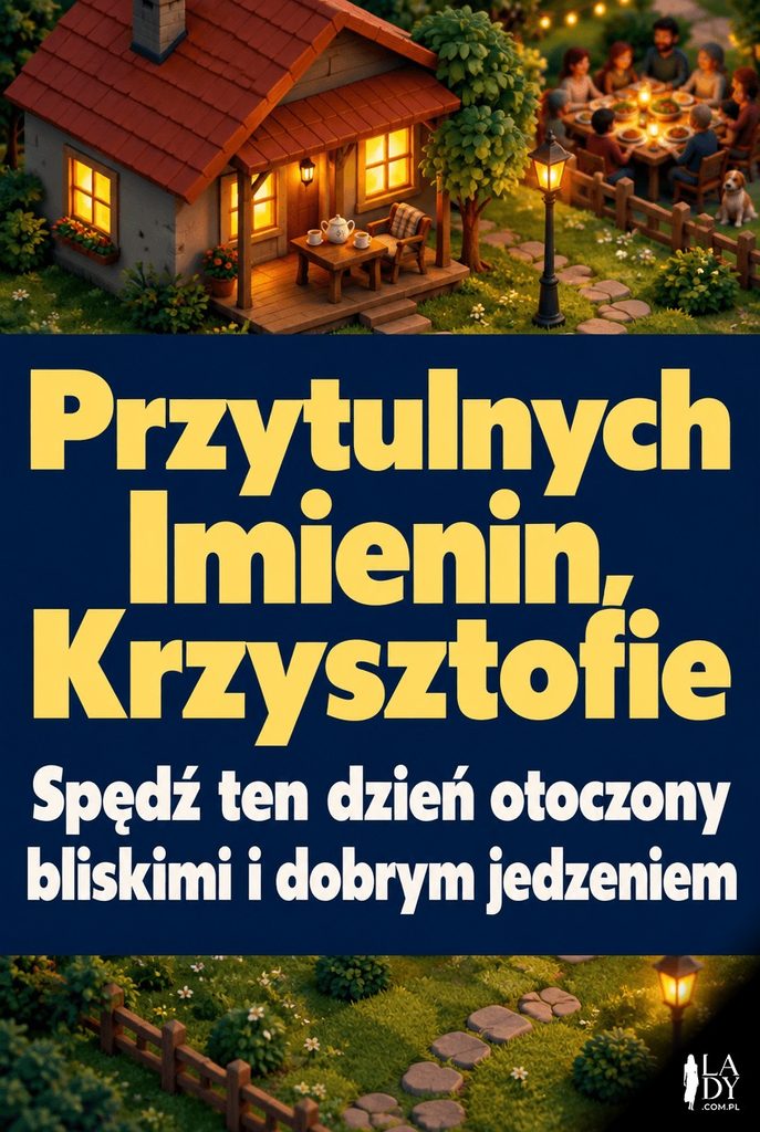 Izometryczna miniatura przytulnego domku wieczorem, ciepłe życzenia imieninowe dla Krzysztofa