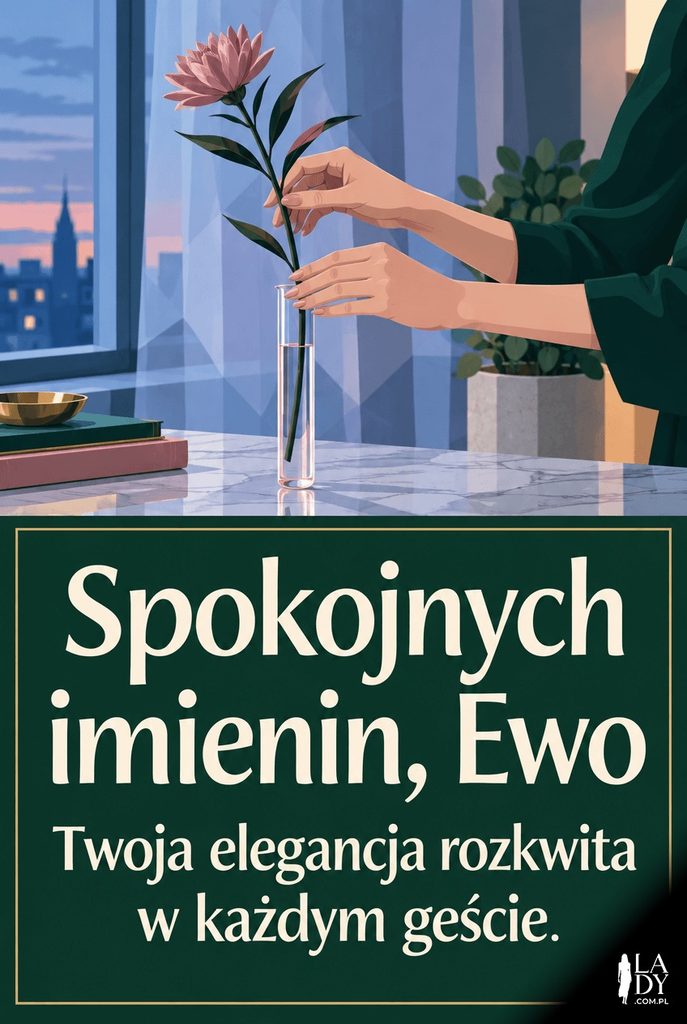 Elegancka kartka imieninowa dla Ewy z dłońmi układającymi kwiat driakwi w szklanym wazonie i napisem „Spokojnych imienin, Ewo".
