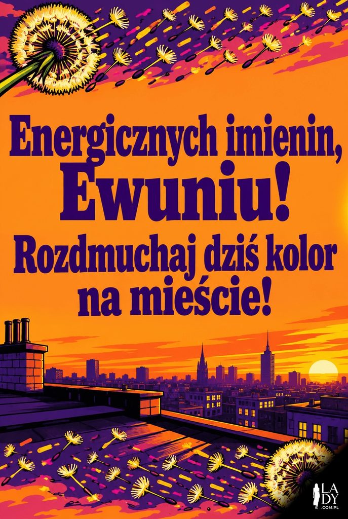 Pop-artowa kartka imieninowa dla Ewy z dmuchawcem tryskającym kolorowymi iskrami na tle miejskiego zachodu słońca, z życzeniami „Energicznych imienin, Ewuniu!".