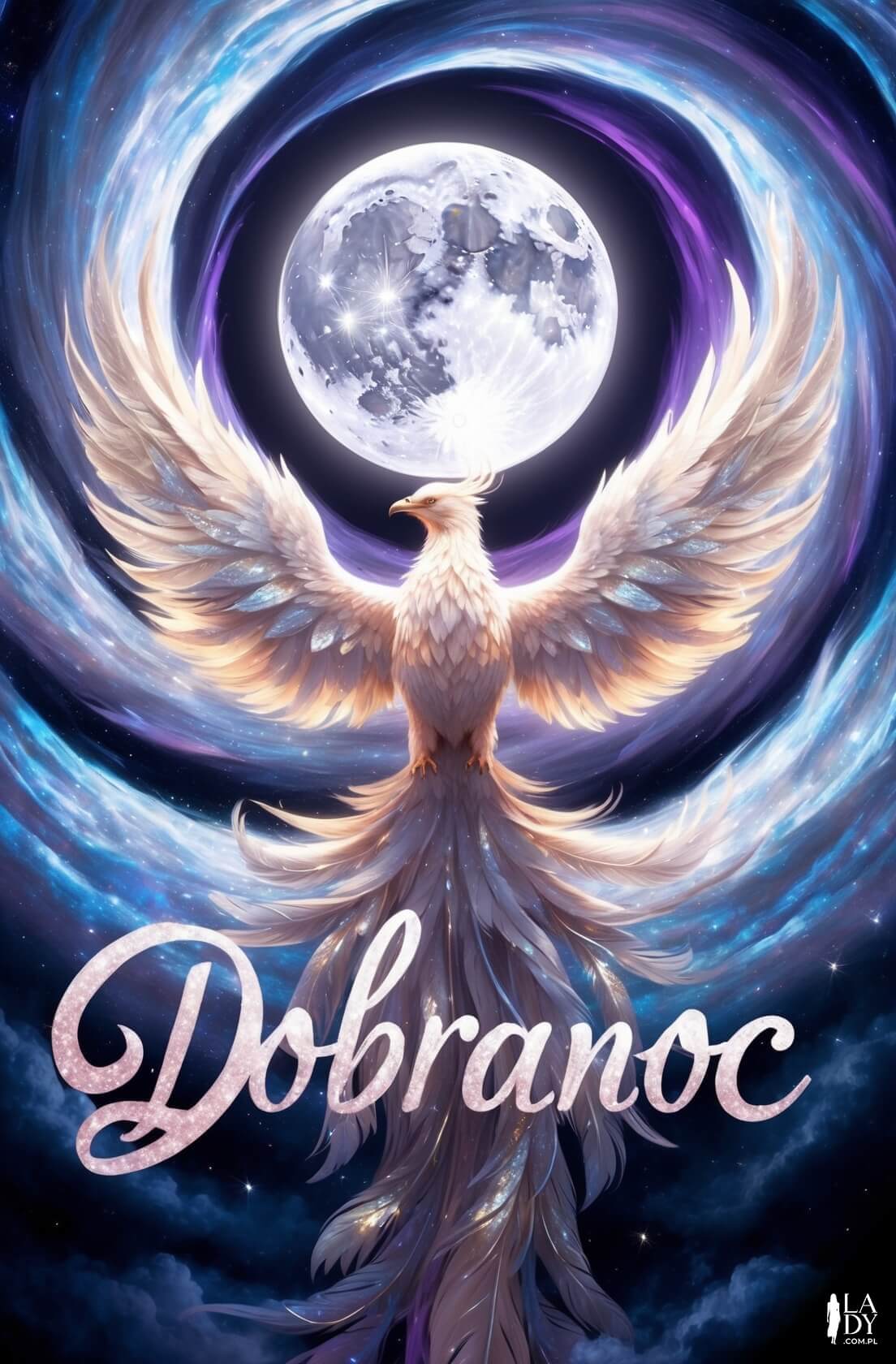 Fantastyczna kartka na dobranoc z feniksem w świetle księżyca
