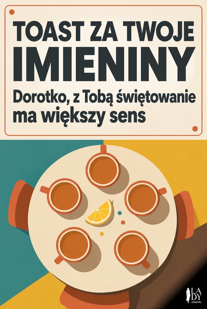 Minimalistyczna geometryczna kartka imieninowa z filiżankami ułożonymi do toastu dla Doroty