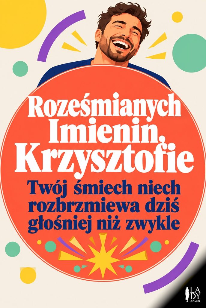 Geometryczna kompozycja z ikoną gwiazdy w koralowym panelu, radosne życzenia imieninowe dla Krzysztofa