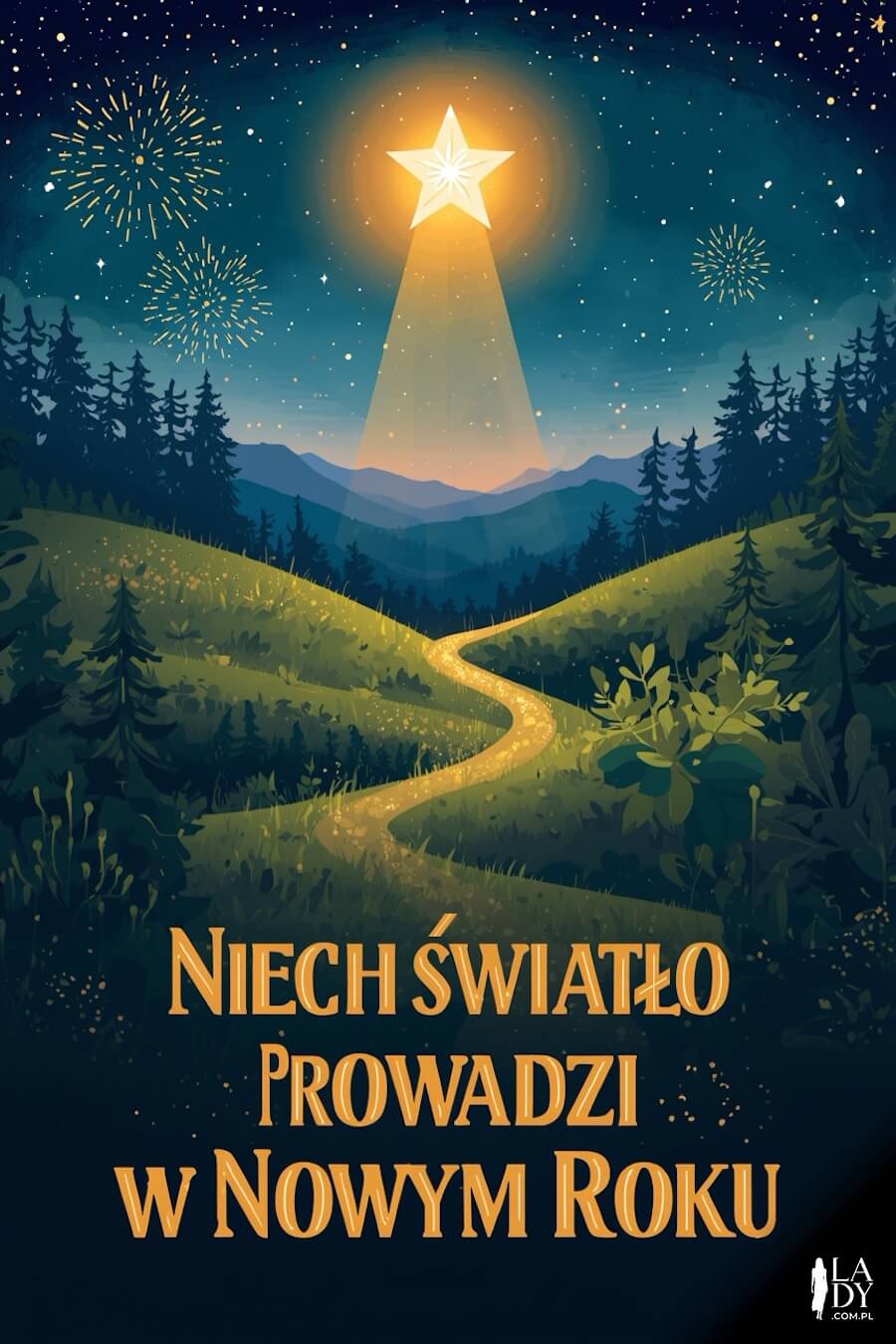 Piękna animowana kartka do wysłania z okazji Sylwestra, gwiazda rozświetlająca pola i góry, z życzeniami religijnymi: Niech światło prowadzi w Nowym Roku