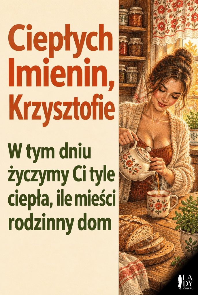 Dłonie nalewające herbatę przy domowym chlebie w kuchni, ciepłe życzenia imieninowe dla Krzysztofa