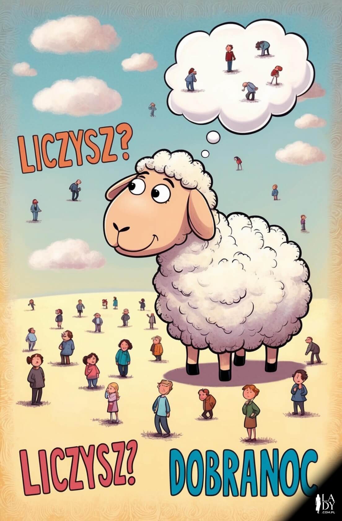 Humorystyczna kartka na dobranoc z owcami liczącymi ludzi