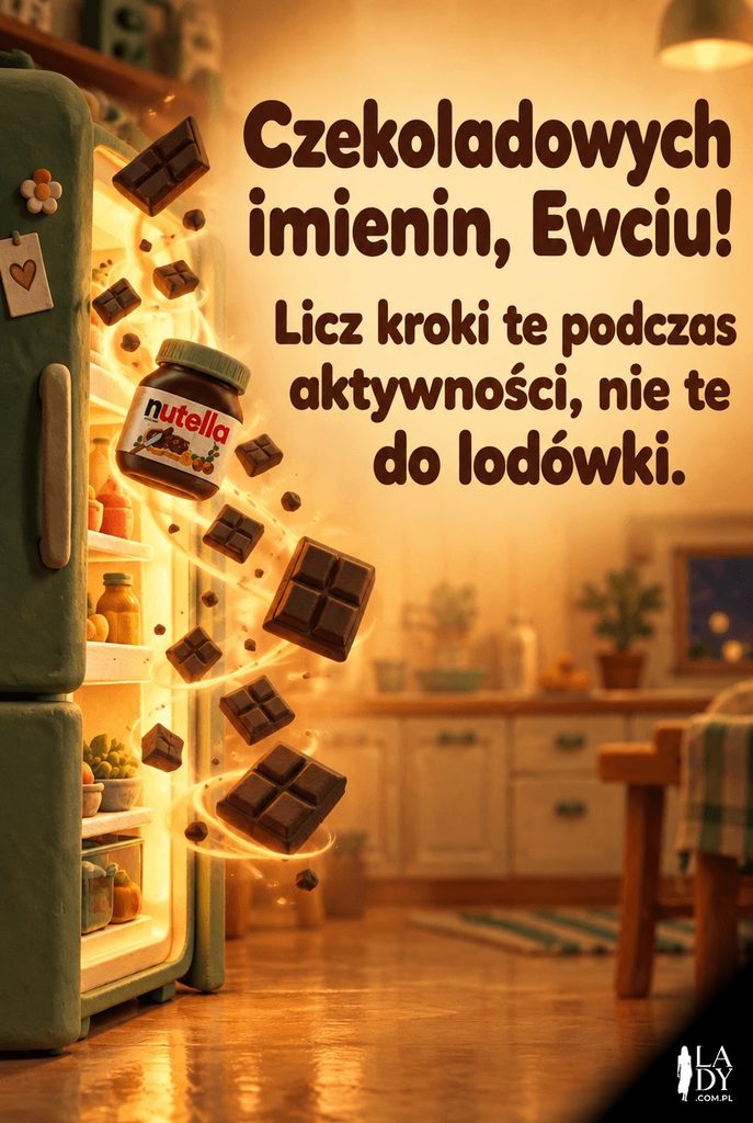 Żartobliwa kartka imieninowa dla Ewy w stylu plasteliny z otwartą lodówką i unoszącą się czekoladą, z napisem „Czekoladowych imienin, Ewciu!".