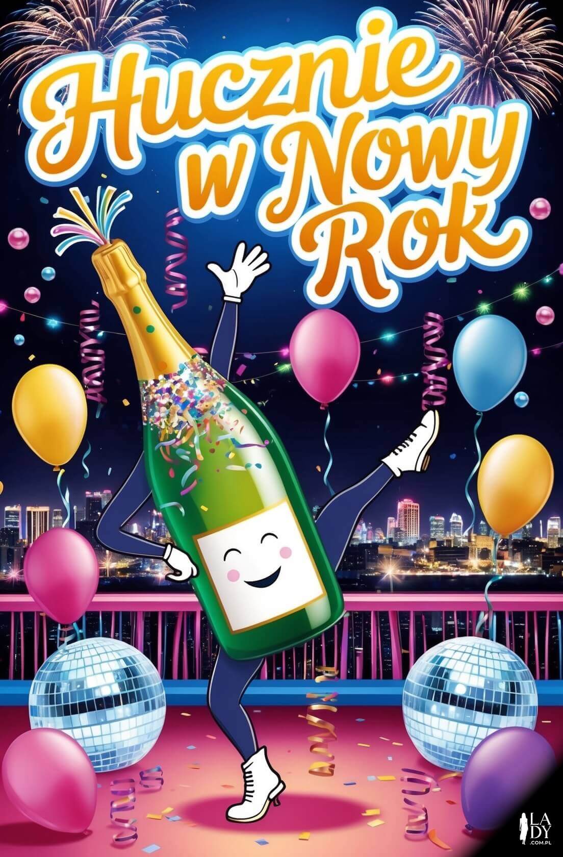 Humorystyczna kartka noworoczna z tańczącą butelką szampana