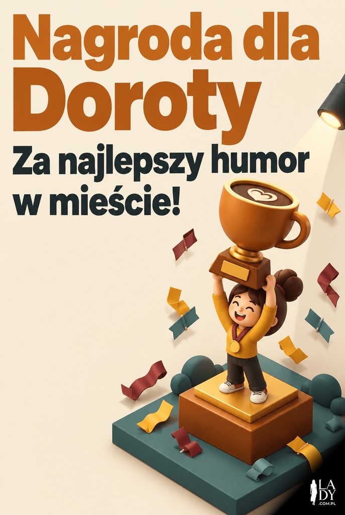 Żartobliwa kartka imieninowa z izometryczną dioramą trofeum w kształcie kubka kawy dla Doroty