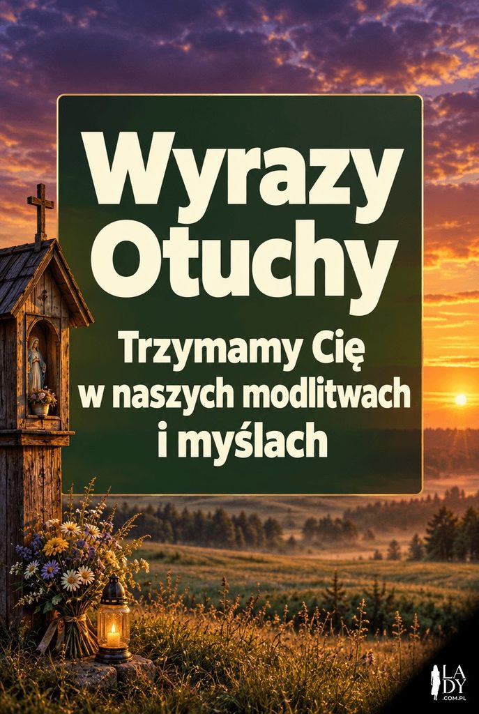 Kartka kondolencyjna z przydrożną kapliczką ze zniczem o zachodzie słońca i napisem "Wyrazy Otuchy"