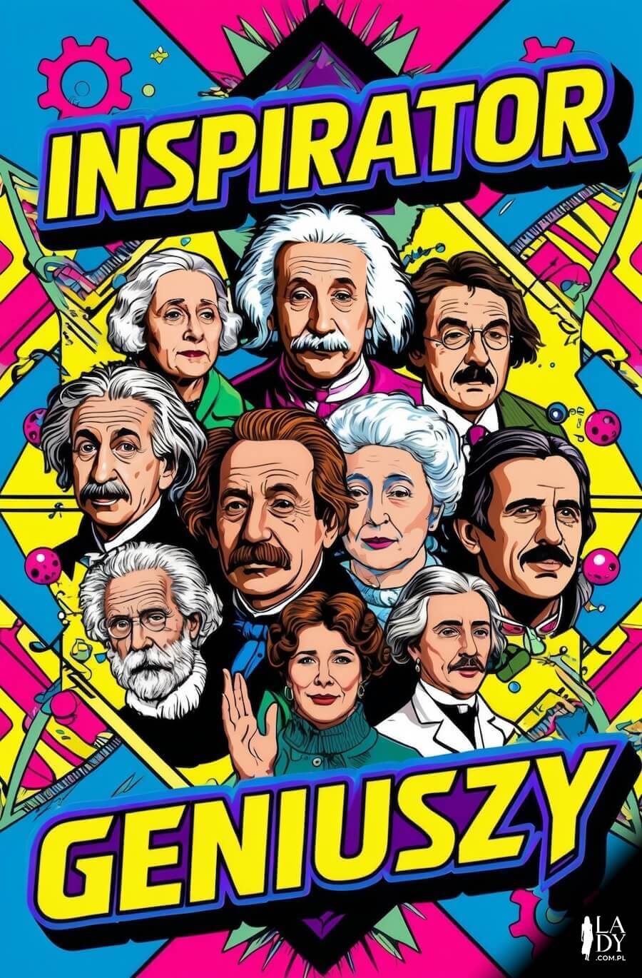 Kartka na dzień nauczyciela w stylu pop-art, napis: Inspirator geniuszy