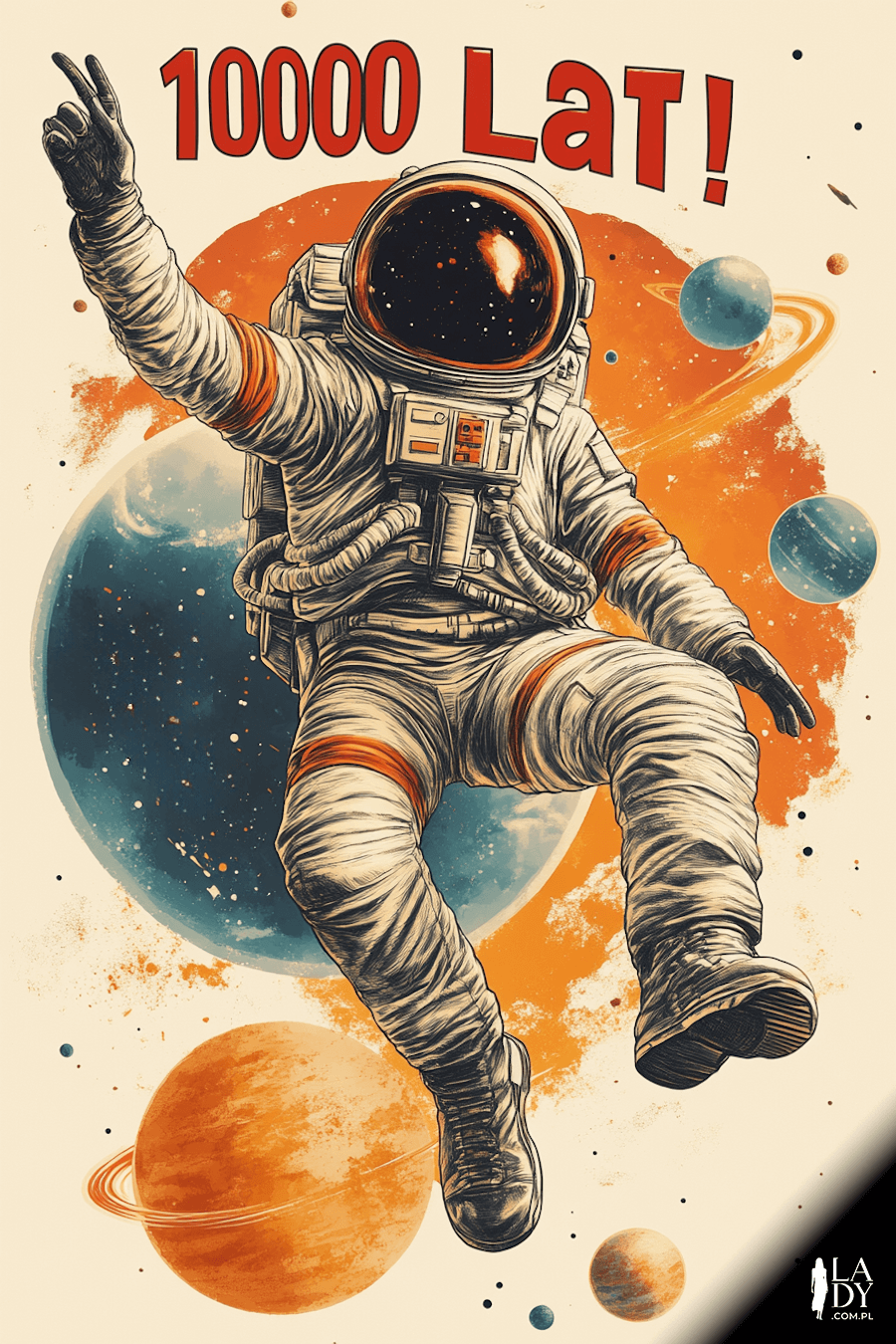 Nowoczesna kartka urodzinowa, zabawny astronauta na tle planet, z napisem: 10000 lat
