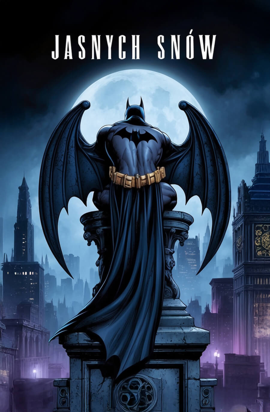 Kartka rodem z bajki o superbohaterach na dobranoc, batman siedzący na wieży z skrzydłami nietoperza na tle księżyca rozświetlającego miasto, z napisem: Jasnych snów