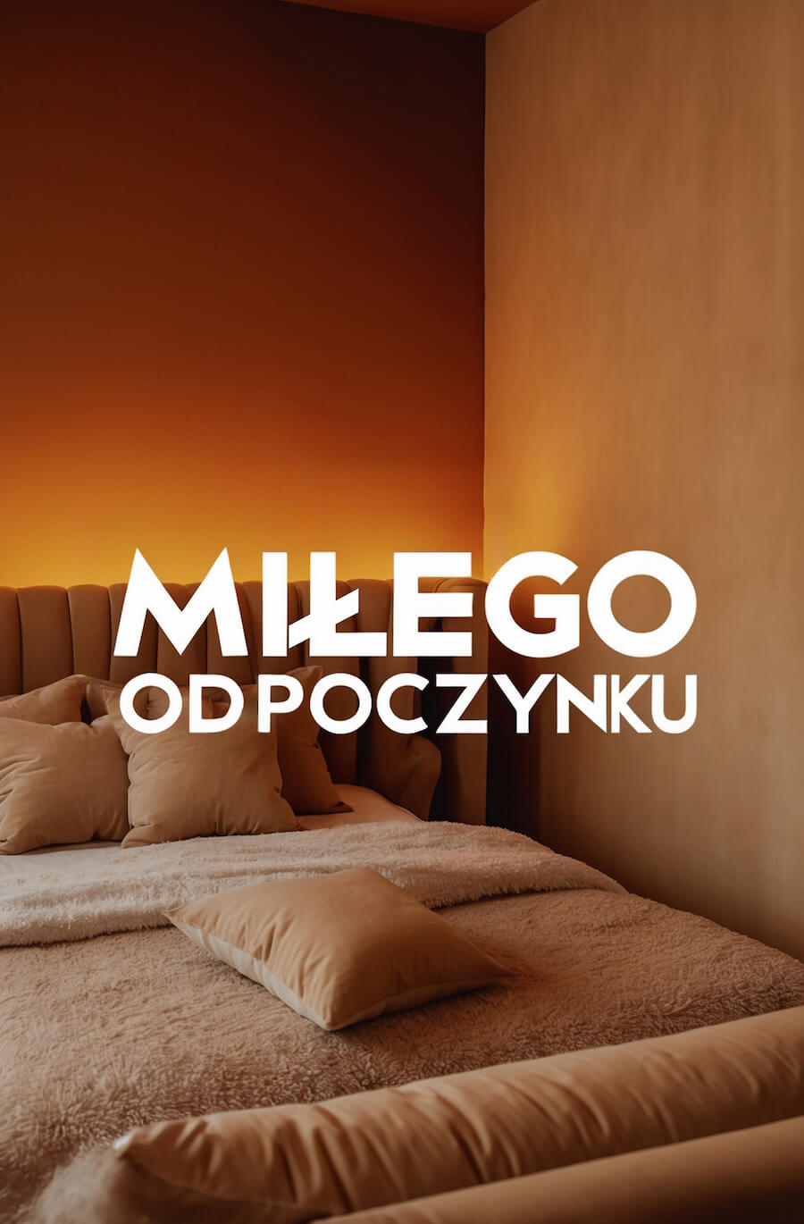 Fajna kartka przed snem, sypialnia w ciepłym klimacie z poduszkami i kołdrą, z napisem: Miłego odpoczynku