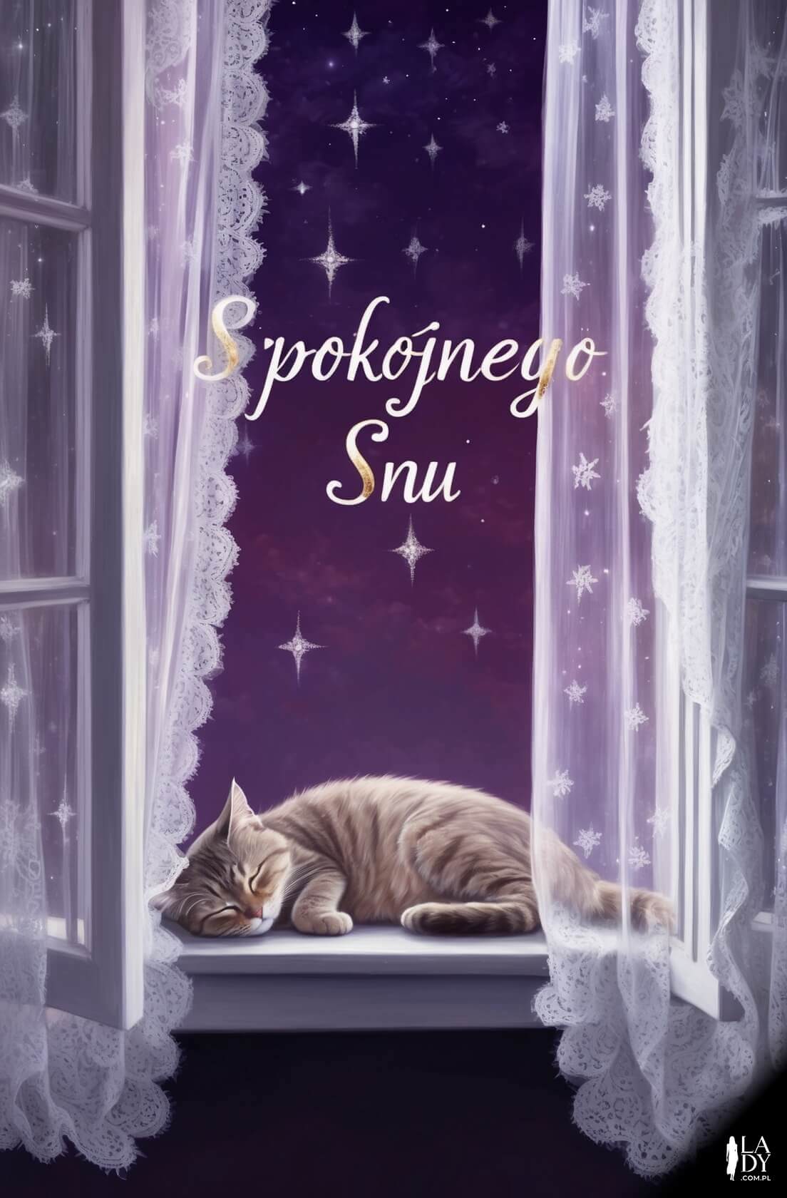 Kartka na dobranoc z kotem śpiącym przy oknie pod gwiazdami