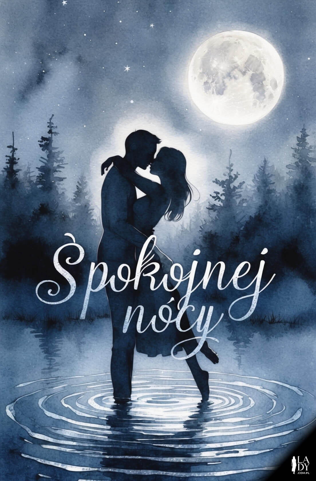 Kartka na dobranoc przedstawiająca sylwetki zakochanych nad jeziorem w świetle księżyca