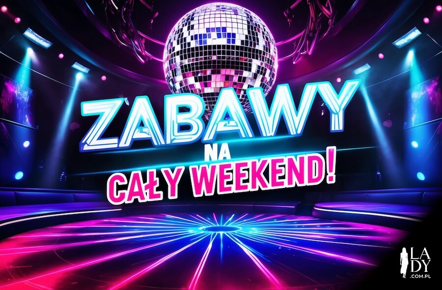 Kartka na sobotę, nocna dyskoteka w klubie, z napisem: Zabawy na cały weekend