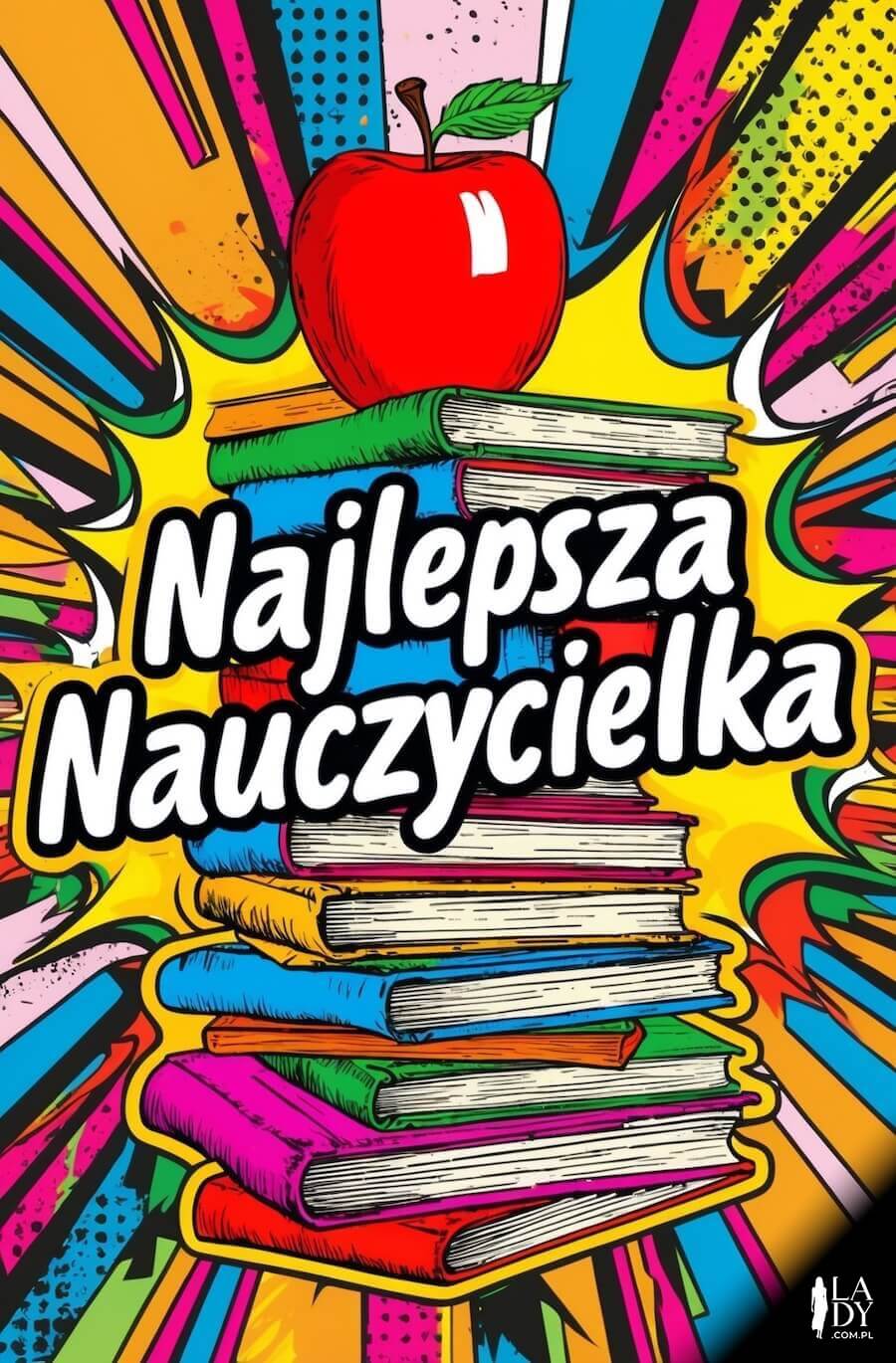 Kartka na Dzień Nauczyciela w stylu pop-art z kolorowymi książkami i jabłkiem