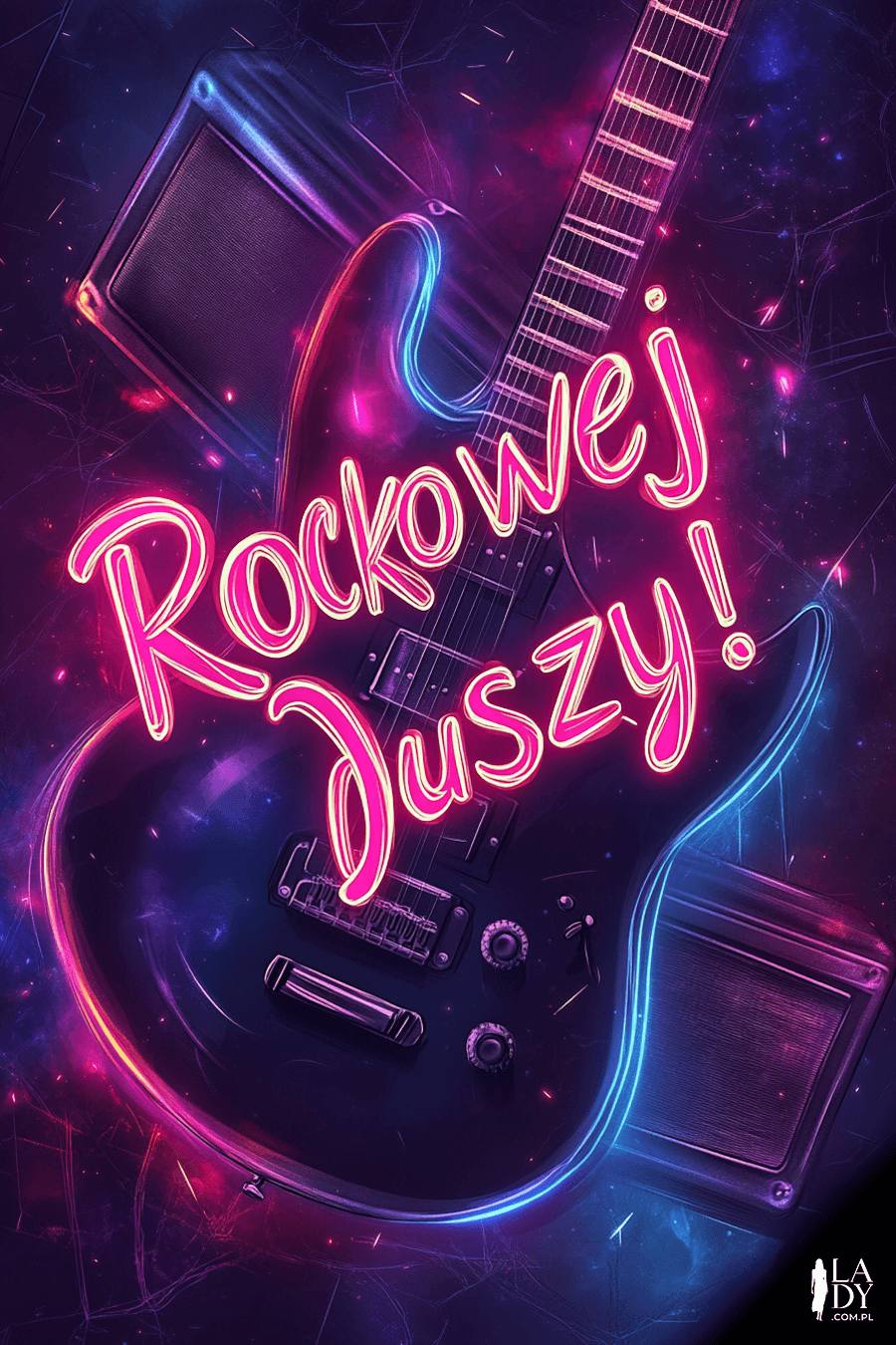 Nowoczesna kartka urodzinowa, gitara rockowa w neonowym stylu, z napisem: Rockowej duszy