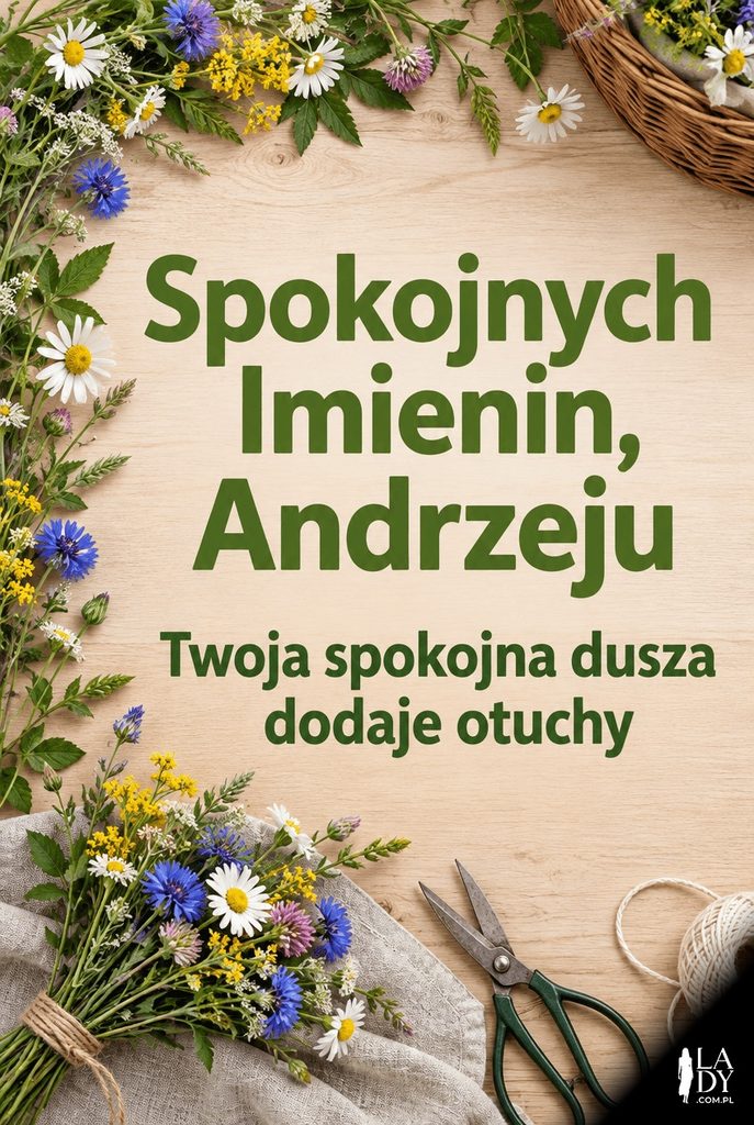Kartka imieninowa dla Andrzeja z bukietem polnych kwiatów w kompozycji flat lay