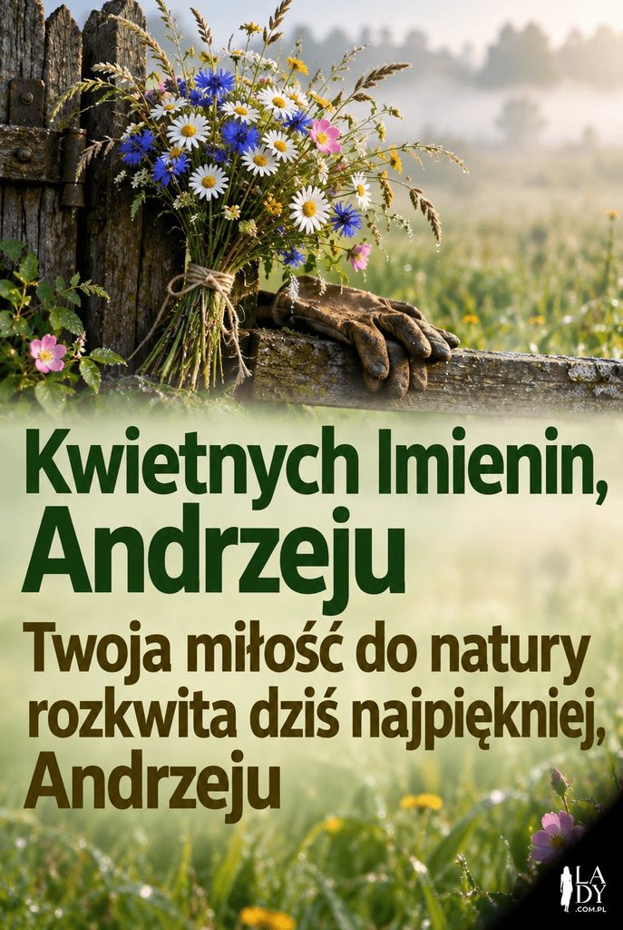 Kartka imieninowa dla Andrzeja z bukietem polnych kwiatów opartym o drewnianą furtkę