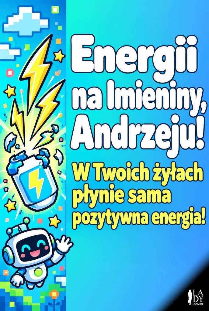 Zabawna kreskówkowa kartka imieninowa dla Andrzeja z kapsułą mocy i pikselową grafiką