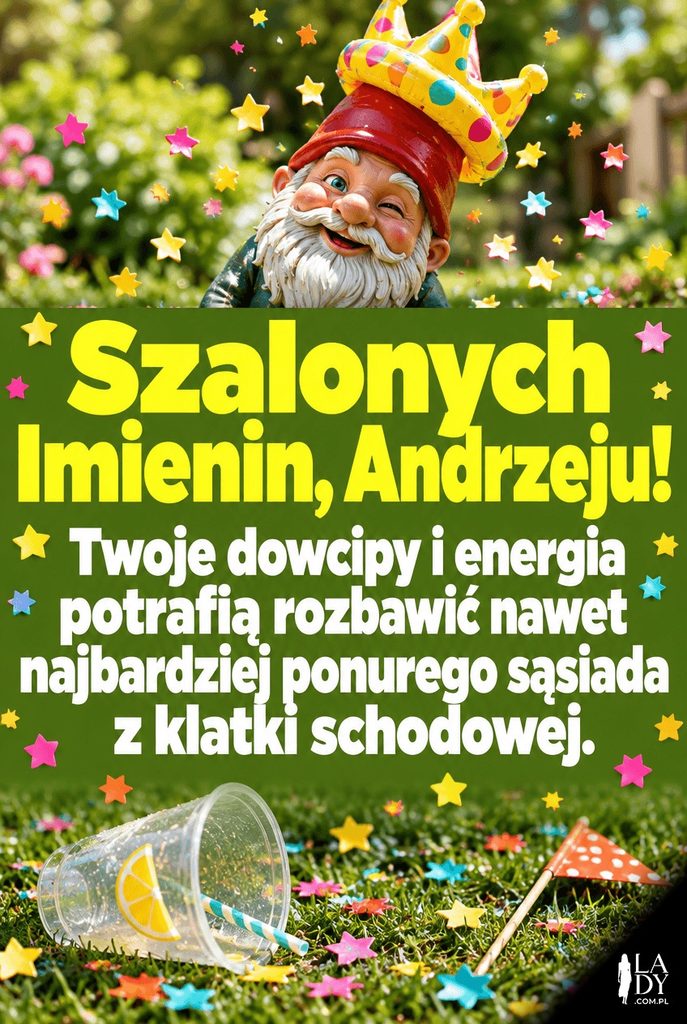 Zabawna kartka imieninowa dla Andrzeja z gnomem ogrodowym w urodzinowej koronie