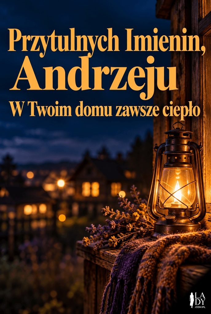 Nastrojowa kartka imieninowa dla Andrzeja z latarnią i wiejskim widokiem o zmierzchu