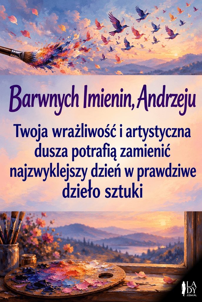 Artystyczna kartka imieninowa dla Andrzeja w stylu cyfrowego malarstwa z motywem ptaków i pędzla