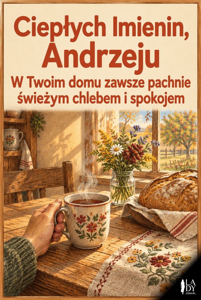 Rustykalna kartka imieninowa dla Andrzeja z ciepłą sceną w wiejskiej kuchni