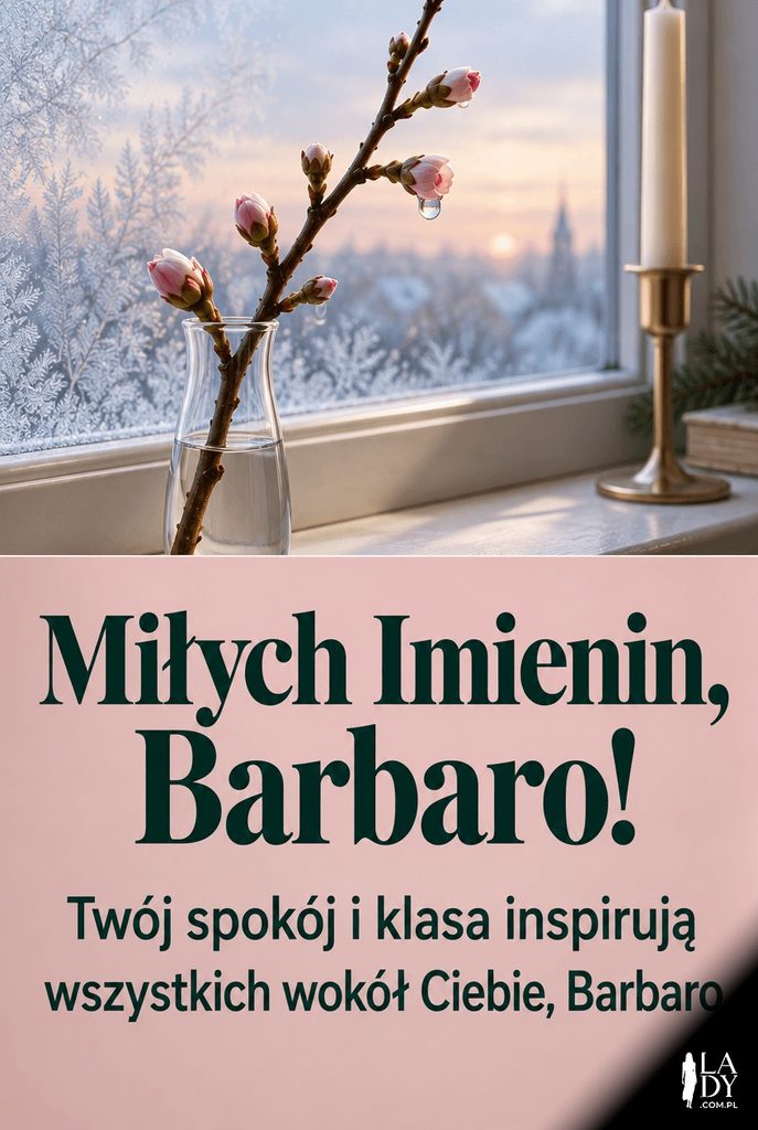 Kartka imieninowa dla Barbary z gałązką wiśni w szklanym wazonie na tle oszronionego okna i życzeniami „Miłych Imienin, Barbaro!".