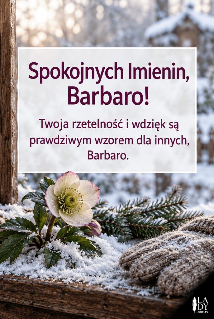 Kartka imieninowa dla Barbary z kwiatem róży zimowej przebijającym się przez śnieg i życzeniami „Spokojnych Imienin, Barbaro!".