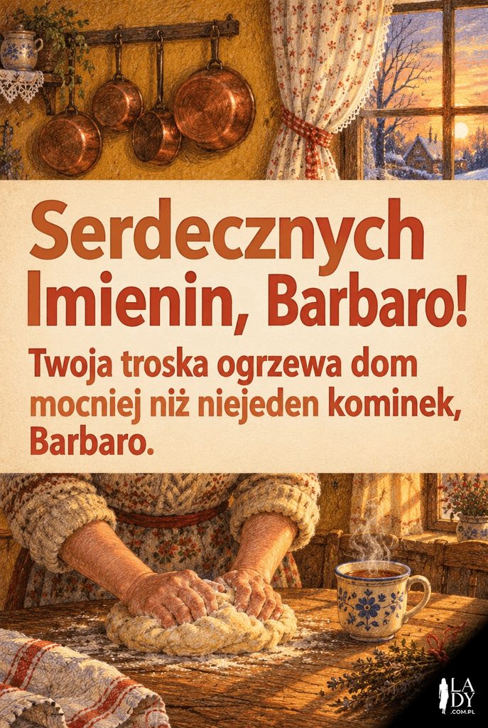 Rustykalna, ilustrowana kartka imieninowa dla Barbary z zagniataniem ciasta w domowej kuchni i życzeniami „Serdecznych Imienin, Barbaro!".