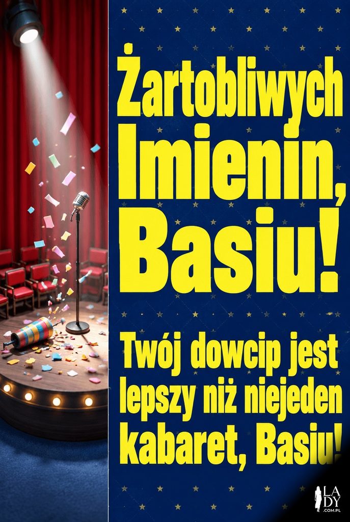 Izometryczna, miniaturowa kartka imieninowa dla Basi z mikrofonem na kabaretowej scenie i życzeniami „Żartobliwych Imienin, Basiu!".