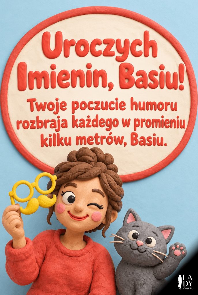 Plastelinowa kartka imieninowa dla Basi z mrugającą bohaterką trzymającą żartobliwe okulary z wąsem i życzeniami „Uroczych Imienin, Basiu!".