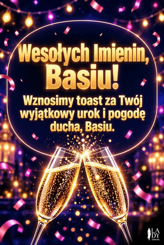 Kartka imieninowa dla Basi ze świecącymi konturami kieliszków wznoszonych w toaście i życzeniami „Wesołych Imienin, Basiu!".