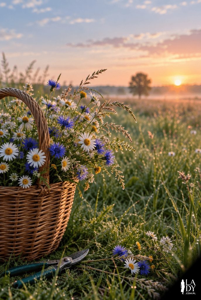 Dłonie układające świeżo zerwaną polną wiązankę rumianków i chabrów w wiklinowym koszyku na łące o poranku, fotografia w naturalnym świetle.