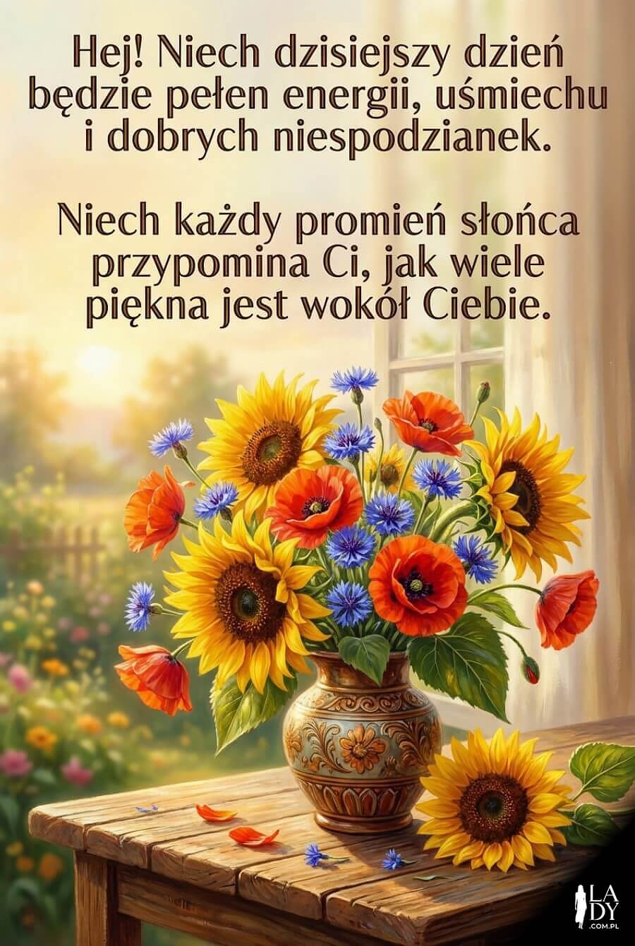 Kolorowa kartka na dzień dobry z bukietem słoneczników, maków i chabrów oraz dużym napisem z energetycznymi życzeniami.