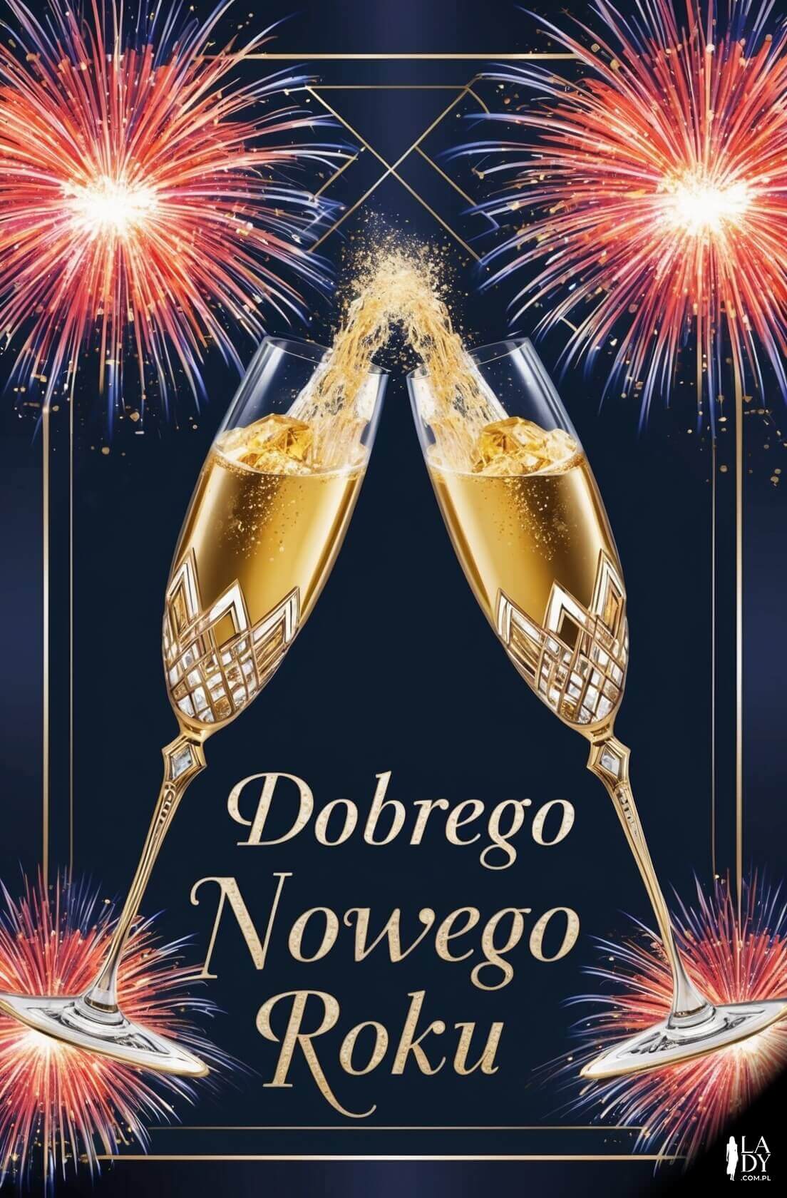 Elegancka kartka noworoczna w stylu art deco z kieliszkami szampana i fajerwerkami