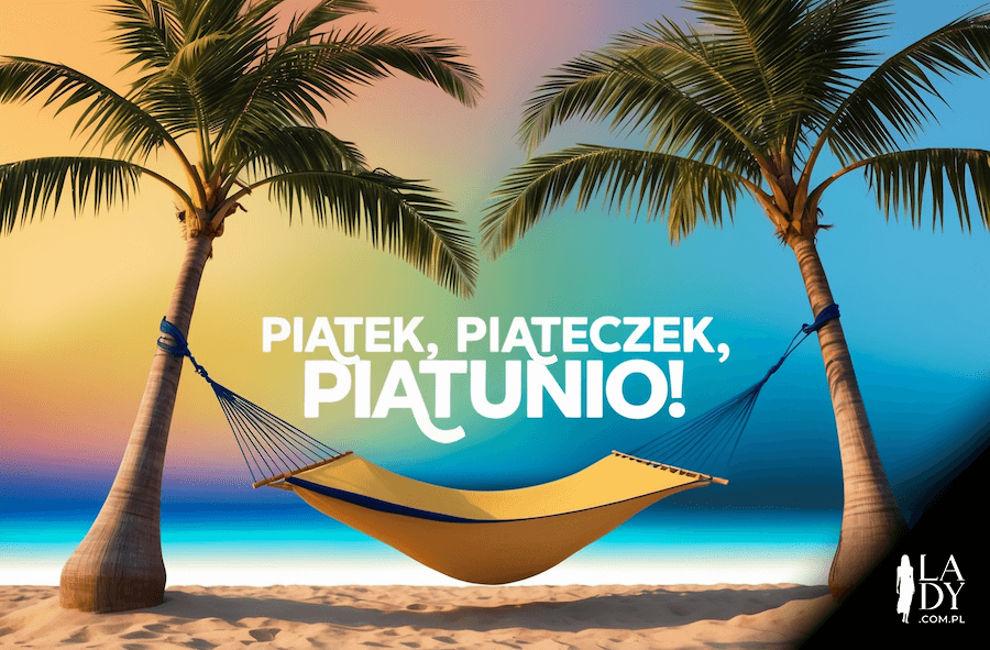 Kartka na piątek, plaża z hamakiem zawieszonym między palmami, z napisem: Piątek, piąteczek, piątunio