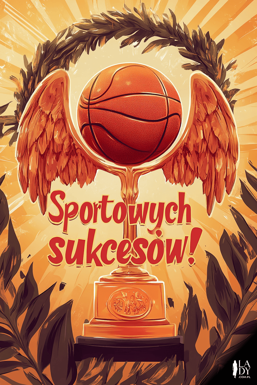 Nowoczesna kartka urodzinowa, złoty puchar z piłką do koszykówki, z napisem: Sportowych sukcesów