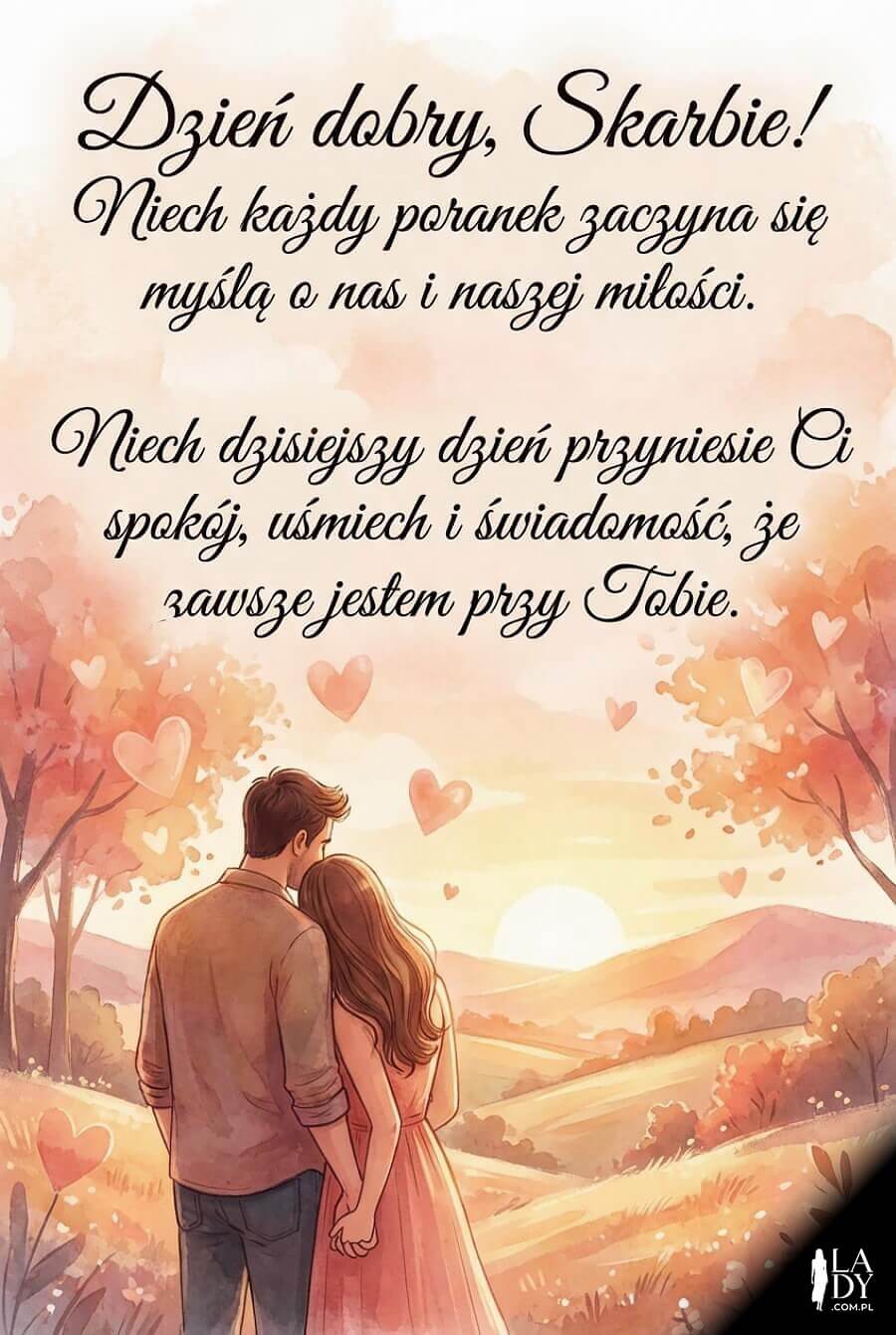 Kartka na dzień dobry z parą o świcie, serduszkami i dużym, czytelnym napisem z romantycznymi życzeniami.