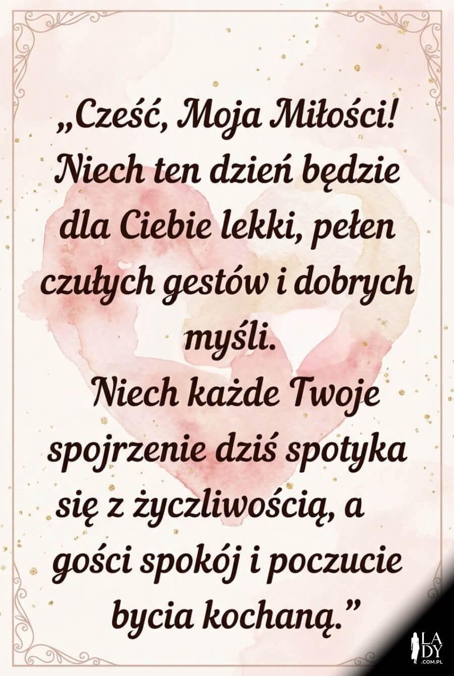 Pionowa romantyczna kartka na dzień dobry z akwarelowym sercem, złotymi iskierkami i dużym napisem z czułymi życzeniami po polsku.