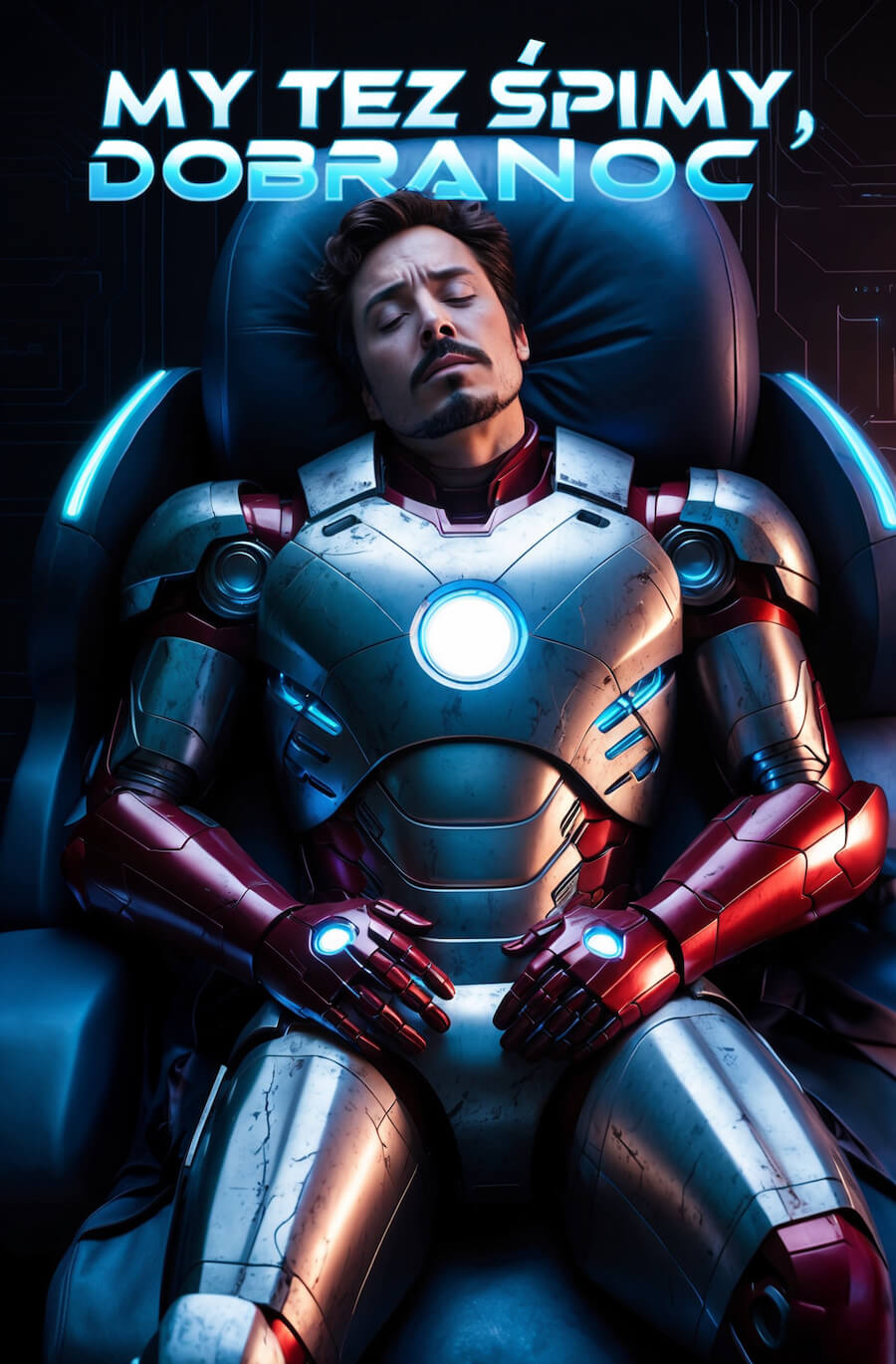 Zabawna kartka na dobranoc dla każdego, ironman śpiący na fotelu, z napisem: My też śpimy, dobranoc