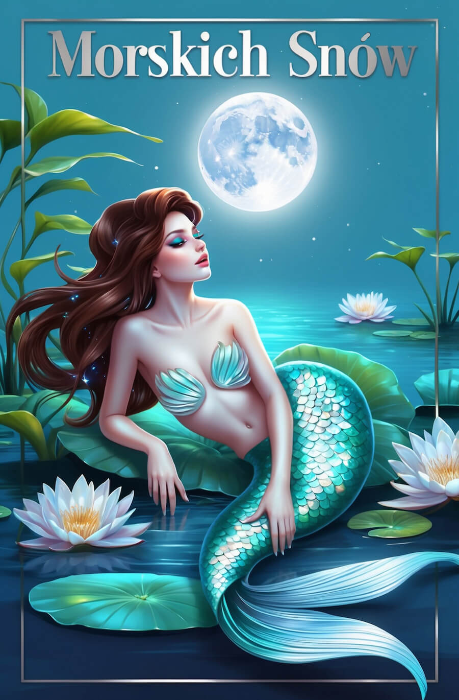 Kartka na dobranoc z baśniowym akcentem, piękna syrena zasypiająca na wodzie w nocy, z napisem: Morskich snów