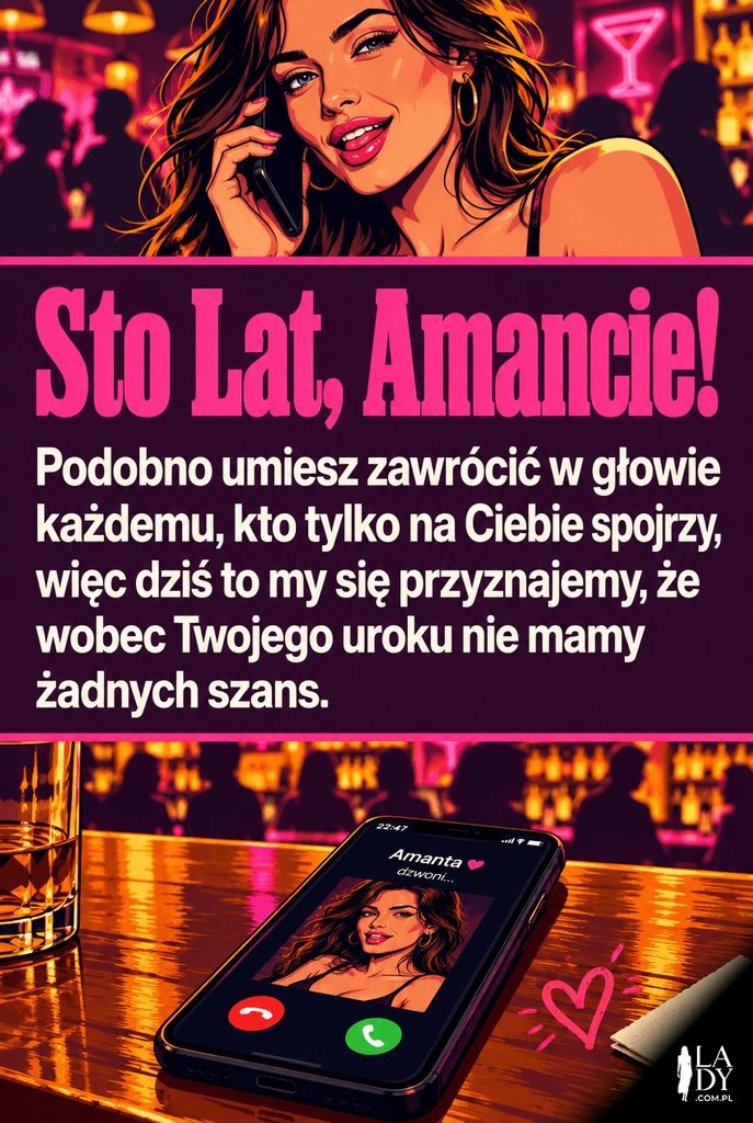 Kartka urodzinowa pop-art z telefonem i narysowanym sercem na barze, z dłuższym, żartobliwym życzeniem dla syna.