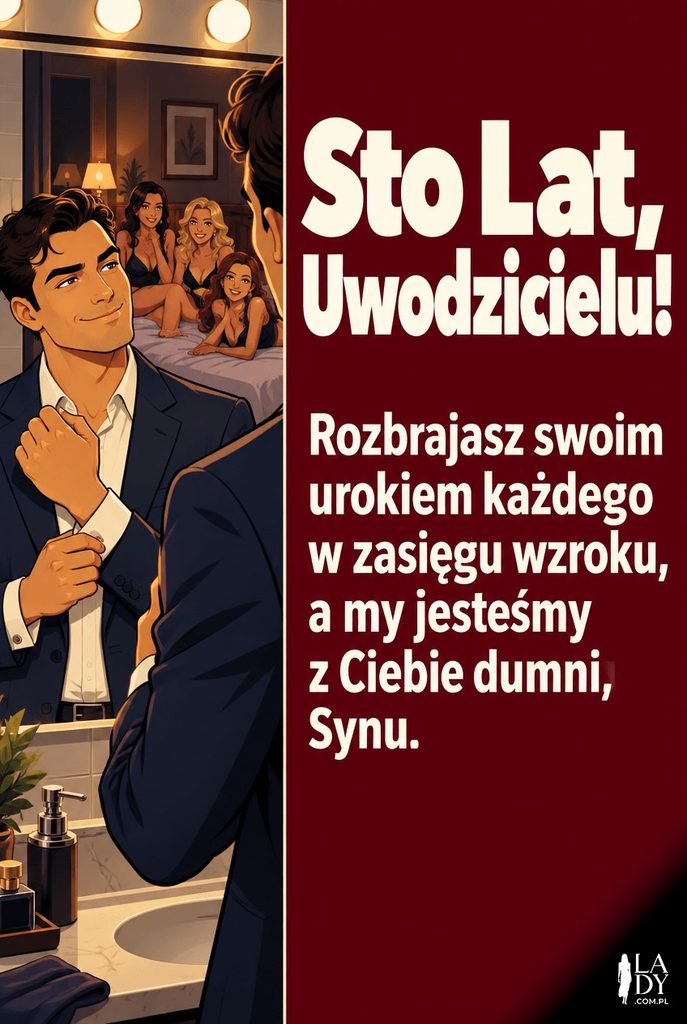 Kartka urodzinowa w stylu kreskówkowym z mężczyzną zapinającym mankiet przed lustrem, dla pewnego siebie syna.