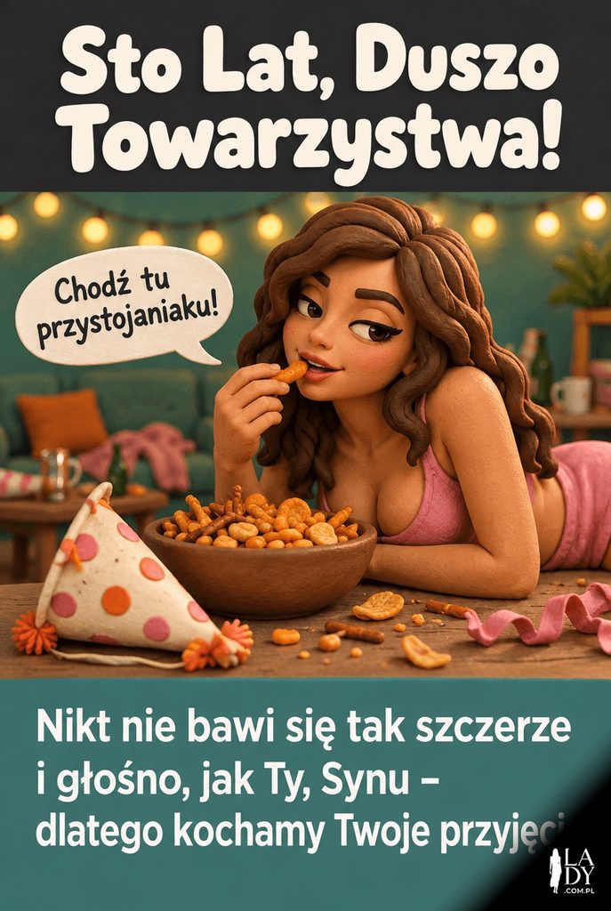 Kartka urodzinowa w stylu plasteliny z czapeczką imprezową i girlandą świateł.