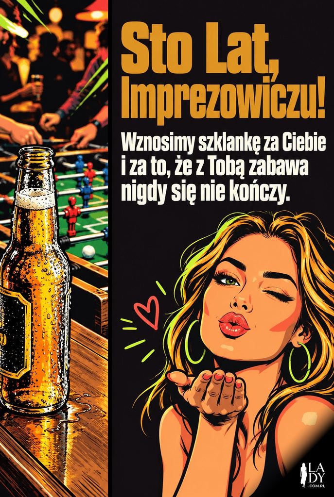 Kartka urodzinowa pop-art z piwem i grą w piłkarzyki, dla syna imprezowicza.