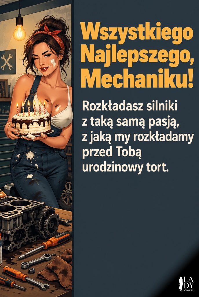 Kartka urodzinowa z warsztatem i wiszącą żarówką, dla syna pasjonata mechaniki.